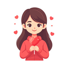 Adorable Young Girl in Red Hoodie Holding a Heart Lollipop with Floating Hearts