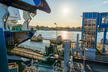 Ferry loading in progress at the port of Swinoujscie. Poland