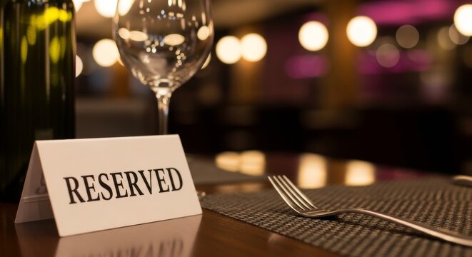 Elegant restaurant table setting with reserved sign and wine glass in warm ambient lighting