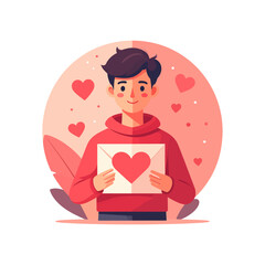 Smiling Man in Red Hoodie Holding a Romantic Heart Love Letter