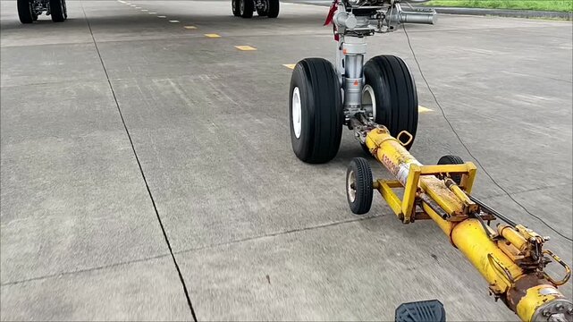 Aviation maintenance operation featuring wide-body airplane towed by tractor across airport apron