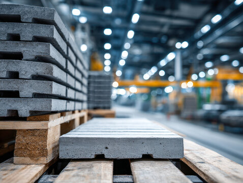 Stacks of precast concrete slabs arranged on wooden pallets inside a spacious industrial warehouse with modern lighting and blurred background equipment