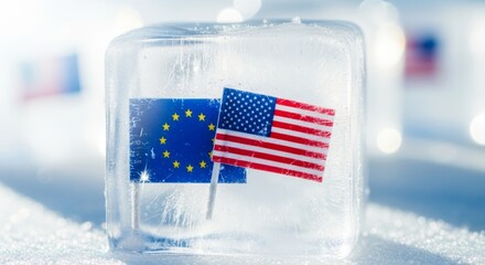 Eu and us flags encased in ice symbolizing cold relations and political tensions