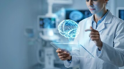 caucasian female doctor holding transparent tablet with glowing 3d brain hologram. future healthcare technology and neurology concept. medical research and diagnostics. - Powered by Adobe