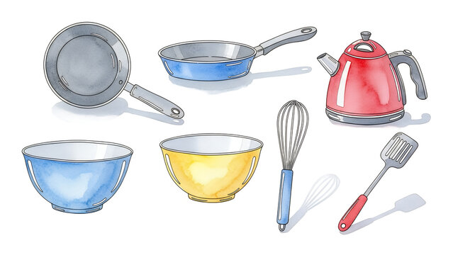 Assorted kitchen cookware and utensils displayed on a clean white background from a straightforward viewpoint