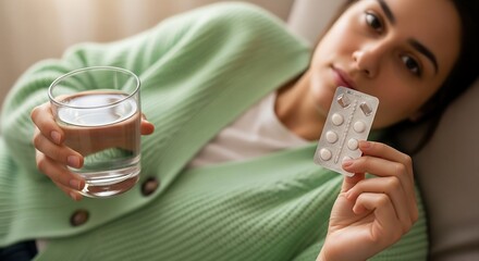Young woman holding a glass of water and a blister pack of pills, preparing to take medication for her health.
