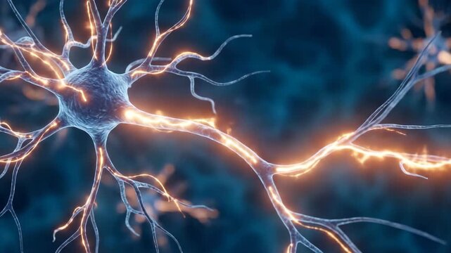 active neuron cell with glowing electrical impulses. 3d scientific illustration of human nervous system and brain activity. medical healthcare background. science, web design.