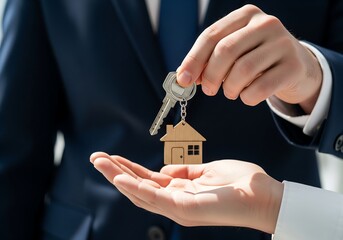 Real estate agent in a suit handing over house keys with a small house keychain to a new homeowner, symbolizing property transfer and a successful transaction.