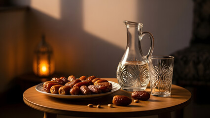 Plate of dates and a pitcher of water with a glass, set on a wooden table, symbolizing an iftar meal during the holy month of Ramadan, with a lantern in background
