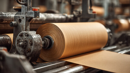 Fototapeta premium Industrial kraft paper roll unwinding on a large vintage mechanical machine in a manufacturing factory producing paper materials for packaging and printing purposes