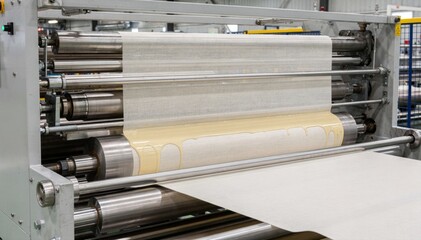 Medium shot showing transfer coating in a continuous fabric line focusing on the coordinated rollers applying adhesive layers with accurate tension control for flawless finish.