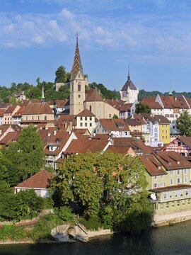 View of the old town with the parish church of the Assumption of Mary, in the back the Baden City Tower, Baden, Canton, Aargau, Switzerland