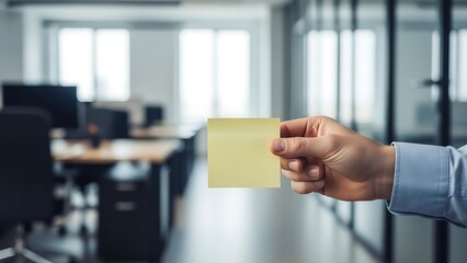Businessman in a light blue dress shirt holds up a blank yellow sticky note while standing in a blurred modern office environment ready for notes