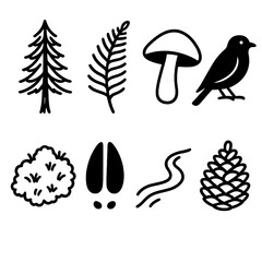 Forest Icon Set. Forest Life set in outline vector style: tall tree, fern frond, mushroom cap, bird silhouette, deer track, moss patch, flowing stream line, pinecone