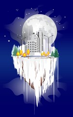 composition with a city in space drifting in space