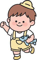 Obraz premium Excited kindergarten boy holding a toy plane gift. Children's Day celebration at school vector illustration.