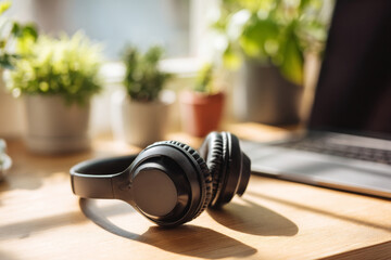 Black wireless headphones on wooden desk with laptop plants and bright home office sunlight