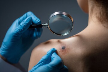 Dermatologist examining skin mole on shoulder using magnifying glass in clinic
