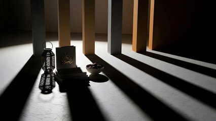 Ramadan decorative setting with illuminated lantern dates food and book symbolizing spiritual observance and fasting ritual moments