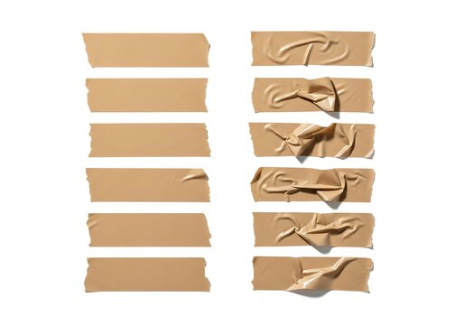 Brown masking tape strips presented on a plain white backdrop with some tape pieces wrinkled and creased for visual interest