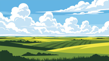 Obraz premium Flat vector illustration of North Dakota plains with rolling hills, farmland, and big skies, peaceful rural scenery rendered in solid flat vector style.