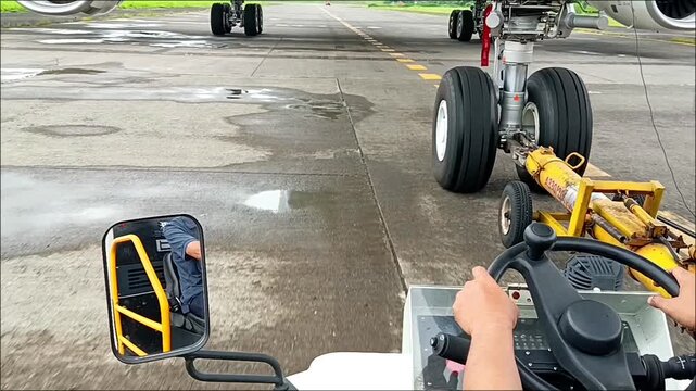 Wide body aircraft under ground handling operation, towed by tractor toward hangar for technical maintenance