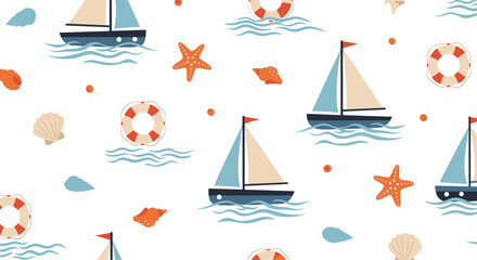 Nautical seamless pattern featuring sailboats, lifebuoys, starfish, and seashells scattered on a white background with gentle blue waves.