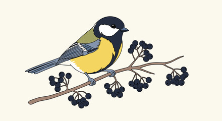 Naklejka premium Detailed bird illustration of a great tit with yellow and black plumage perched on a brown branch with small dark berries in a garden setting.