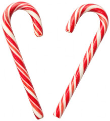 Two brightly colored, spiraling candy canes crafted from hard sugar with a glossy finish, are gracefully curved to form a heart shape, presented against a with, isolated on transparent background.