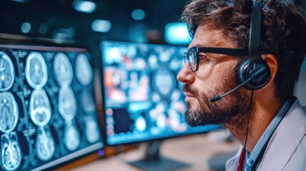 Closeup on a radiology expert wearing a headset clearly focused on diagnostic images during an online multidisciplinary board with collaborative workspace details blurred behind.