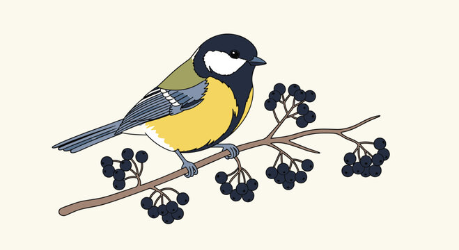 Detailed bird illustration of a great tit with yellow and black plumage perched on a brown branch with small dark berries in a garden setting.