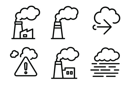 Industrial Emission Icons. Industrial smokeset in outline vector style factory chimney, smoke stack, emission cloud, wind direction, warning symbol, pollution haze