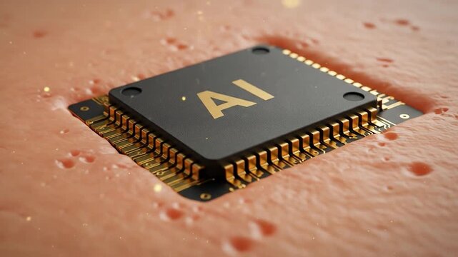 AI microchip implanted under the skin for futuristic biometric technology. Chip implant in humans