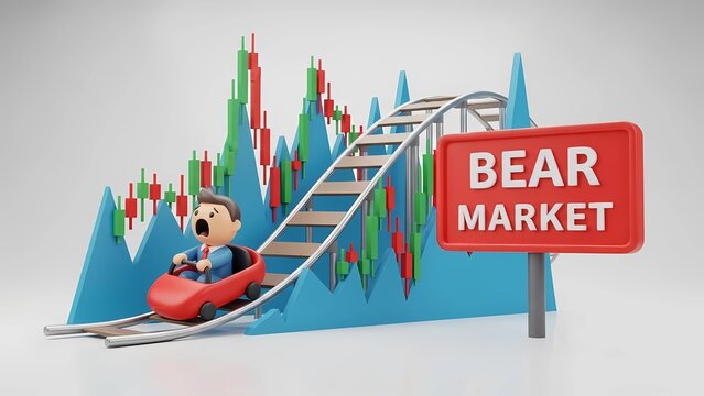 3D Conceptual Illustration of Bear Market with Panicked Investor on Roller Coaster and Stock Charts