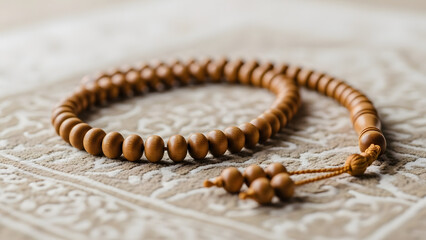 Closeup image of wooden muslim prayer beads or tasbih resting on a textured woven prayer rug or janemaz