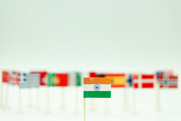 Flags from different countries displayed with Indian flag in focus at a celebration event in a bright setting