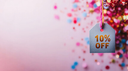 Discount tag with 10 percent off hanging against colorful backgr