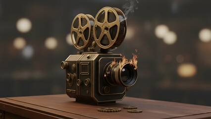 An antique movie projector with burning lens and smoke against a bokeh background
