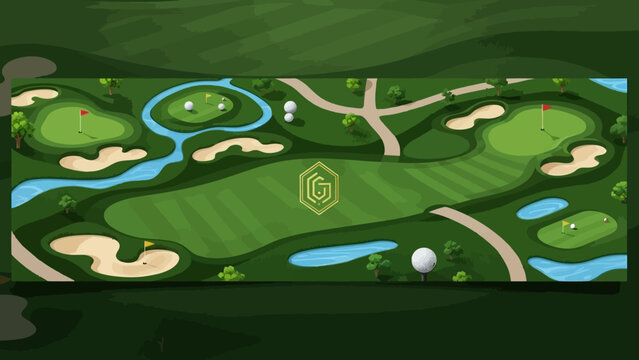 Top View Golf Course Layout with Water Hazards and Bunkers.