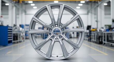Sleek silver alloy wheel in industrial workshop setting