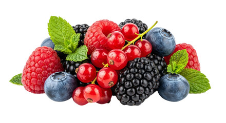 Fresh mixed berries with mint leaves: raspberries, blackberries, blueberries