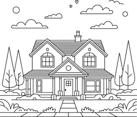 Vector illustration of a hand drawn house sketch featuring a seamless urban architecture design with windows and roofs in a cartoon village landscape