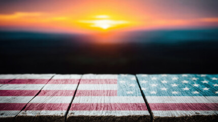 Sunset over wooden surface with American flag design during evening hours