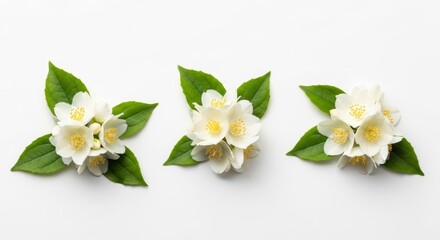 Fototapeta premium Fresh jasmine blossoms with green leaves on white background