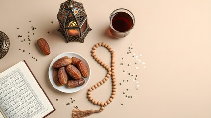 Overhead view of Ramadan essentials dates prayer beads tea and open scripture book arranged on light background for breaking fast