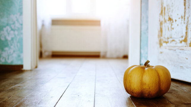 Orange pumpkin resting on wooden floor in bright room with vinta