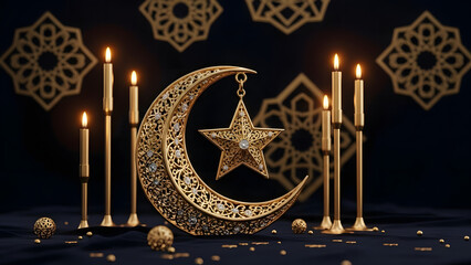 Ramadan Kareem greeting with ornate golden crescent moon and star, surrounded by lit candles and elegant Islamic patterns, on a dark blue background