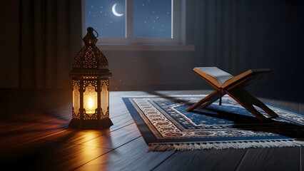 Holy quran on wooden stand with glowing arabic lantern and prayer rug inside dark room featuring night sky window view with crescent moon and stars