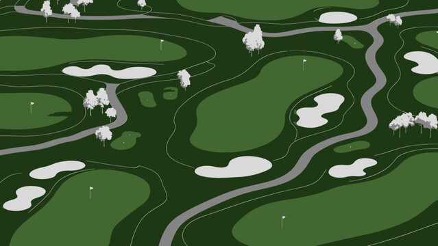 Aerial View of a Golf Course with Bunkers and Fairways.