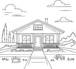 Vintage line art illustration featuring a vector sketch of an old architecture house and urban building design along a village street with a tree and car